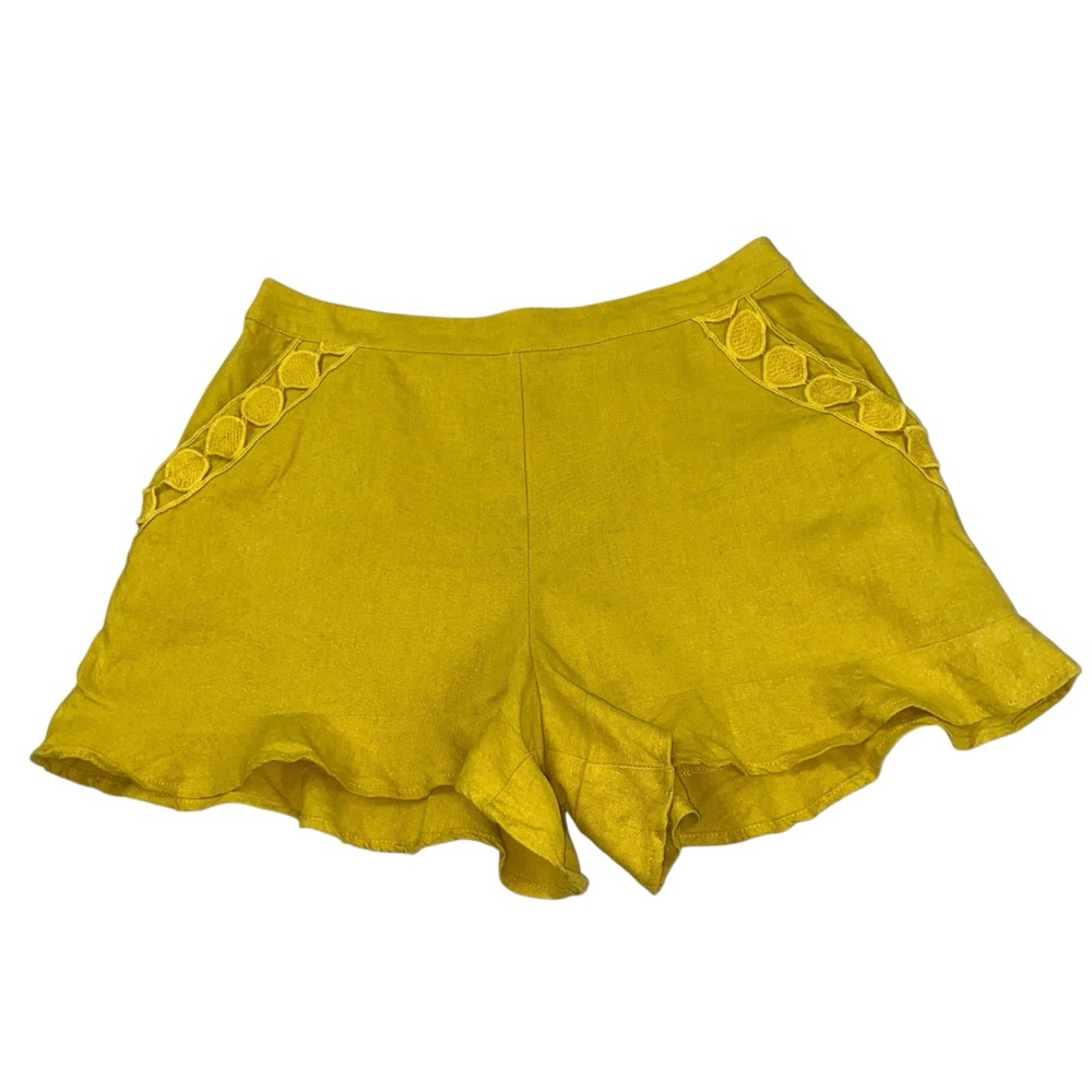 June & Hudson Linen Blend Mustard Yellow Ruffle Edge Shorts Size Medium